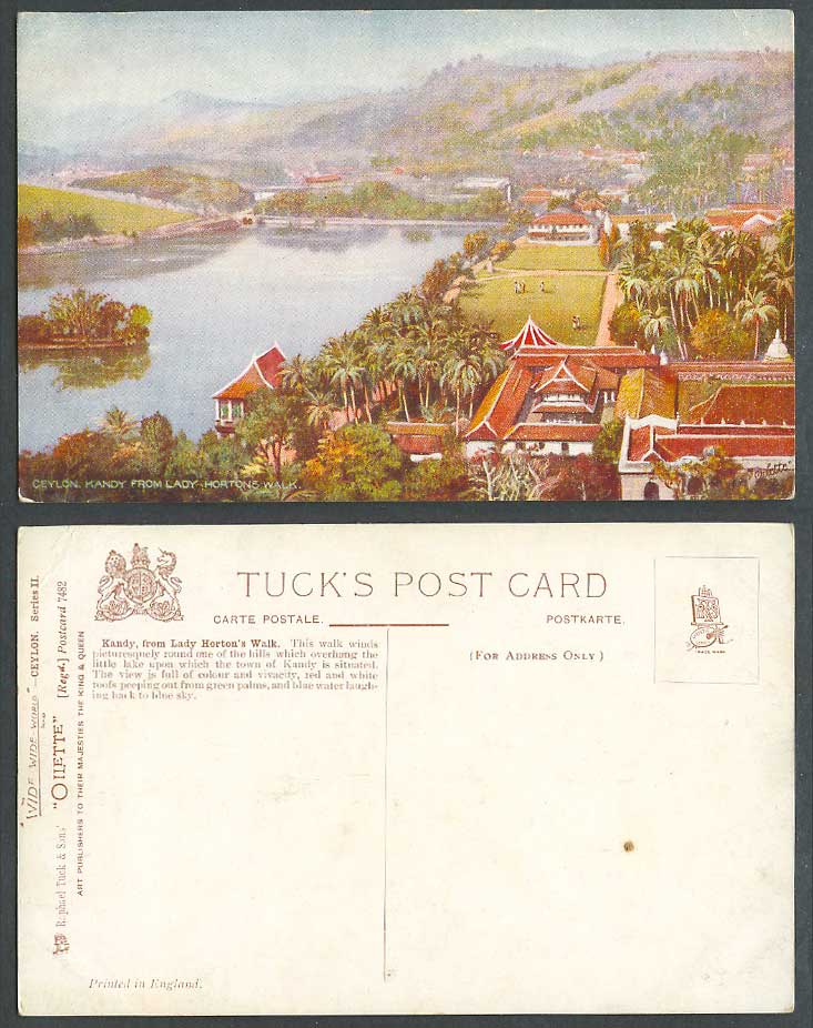 Ceylon Old Tuck's Oilette Postcard Kandy from Lady Horton's Walk, Lake, Panorama