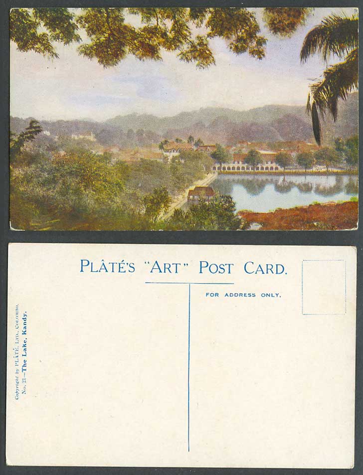 Ceylon Old Colour Postcard The Lake Kandy Panorama Hills Mountain Plate's ART 21