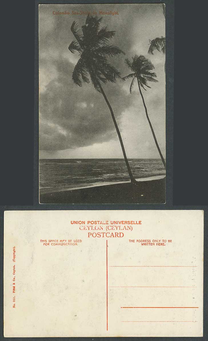Ceylon Old Postcard Colombo Sea Shore Seashore by Moonlight Beach Palm Trees 351