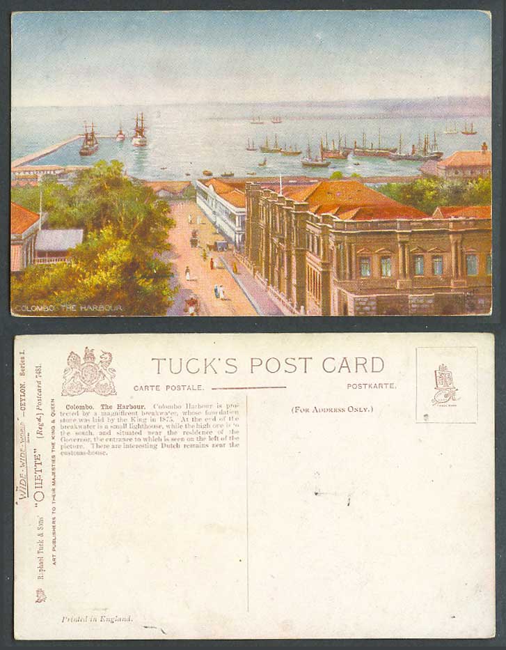 Ceylon Old Tuck's Oilette Postcard Colombo The Harbour, Ships Boats Street Scene