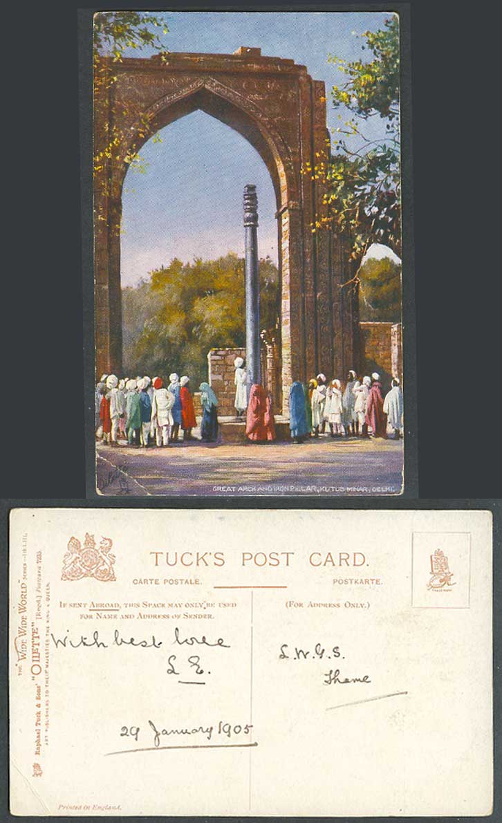 India 1905 Old Tuck's Oilette Postcard Great Arch Iron Pillar Kutub Minar, Delhi