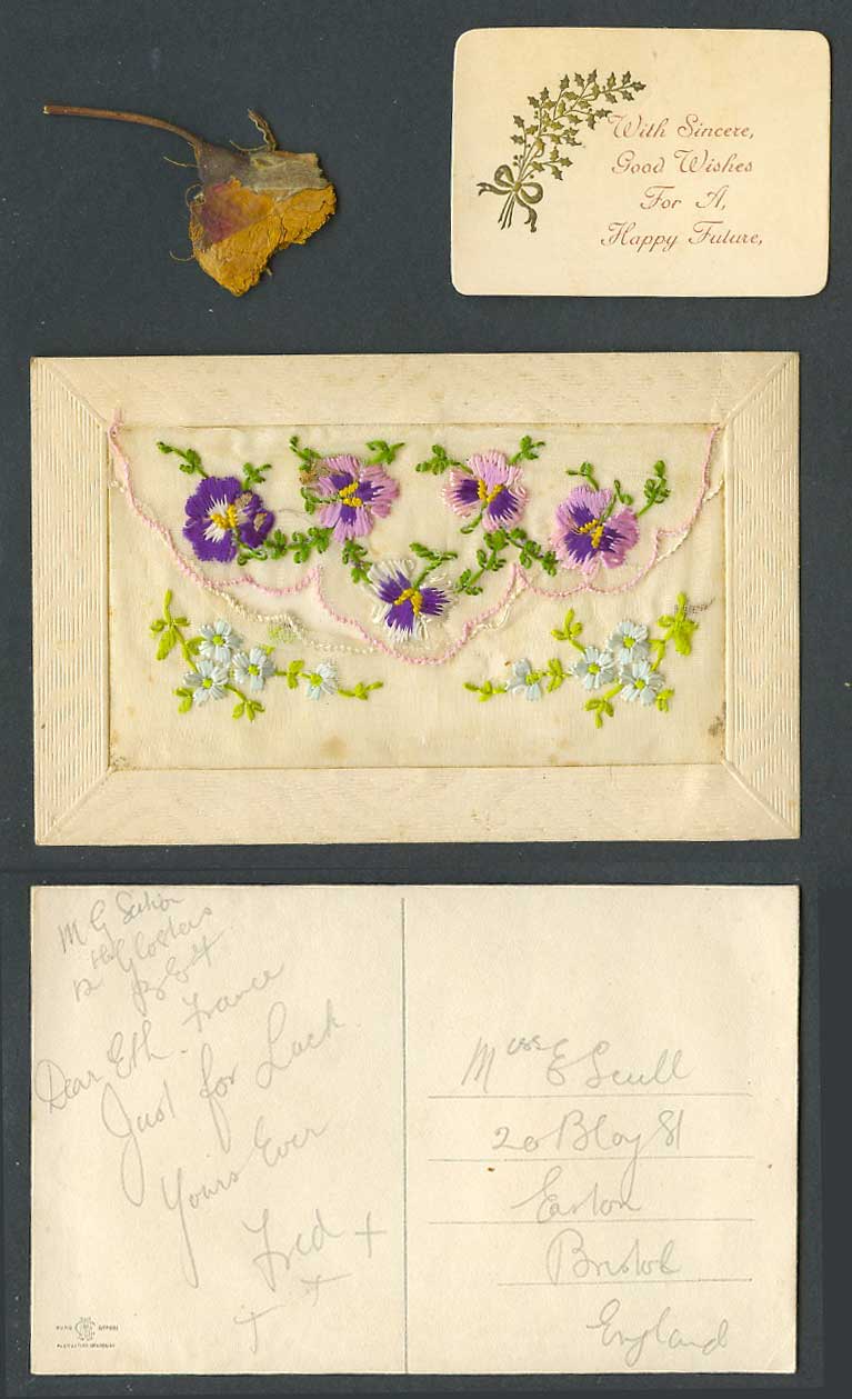 WW1 SILK Embroidered Old Postcard Real Dried Flower Good Wishes for Happy Future