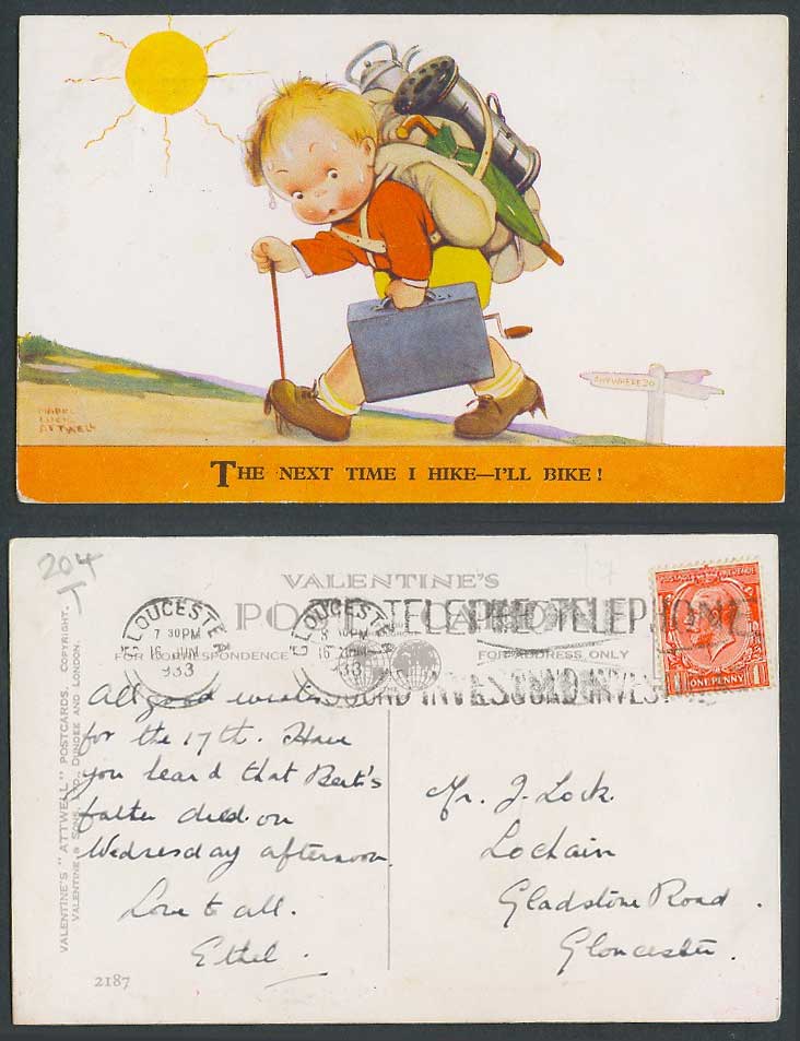MABEL LUCIE ATTWELL 1933 Old Postcard Hiker Hiking Hike Next Time I'll Bike 2187