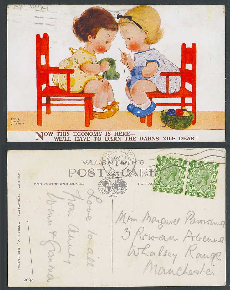 MABEL LUCIE ATTWELL 1932 Old Postcard Now Economy is Here We Darn the Darns 2034
