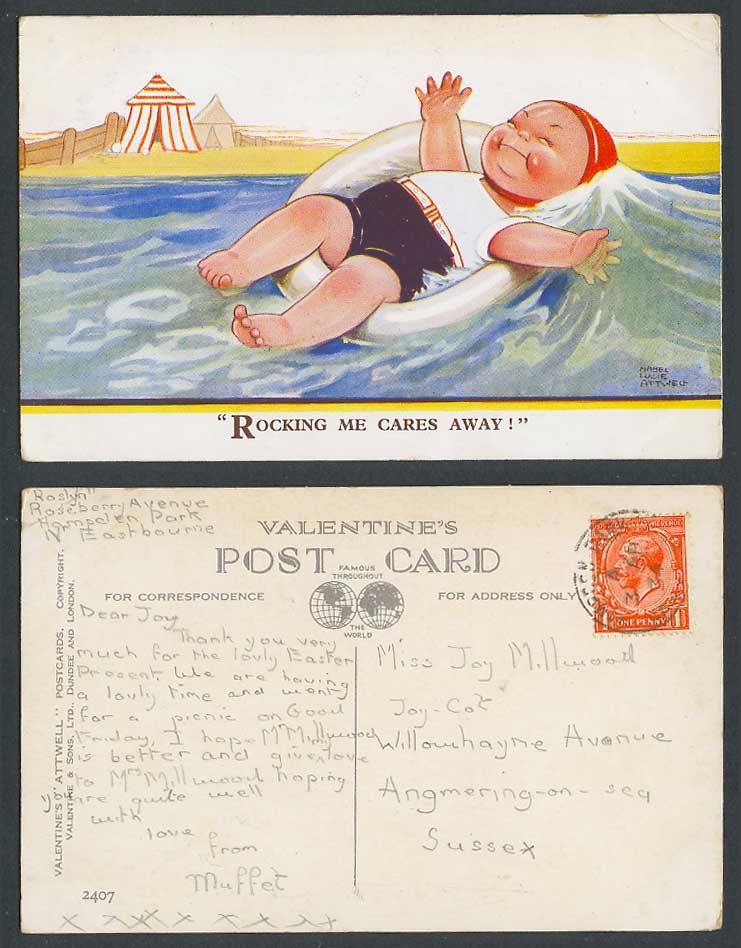 MABEL LUCIE ATTWELL 1934 Old Postcard Rocking Me Cares Away! Sea Beach Huts 2407