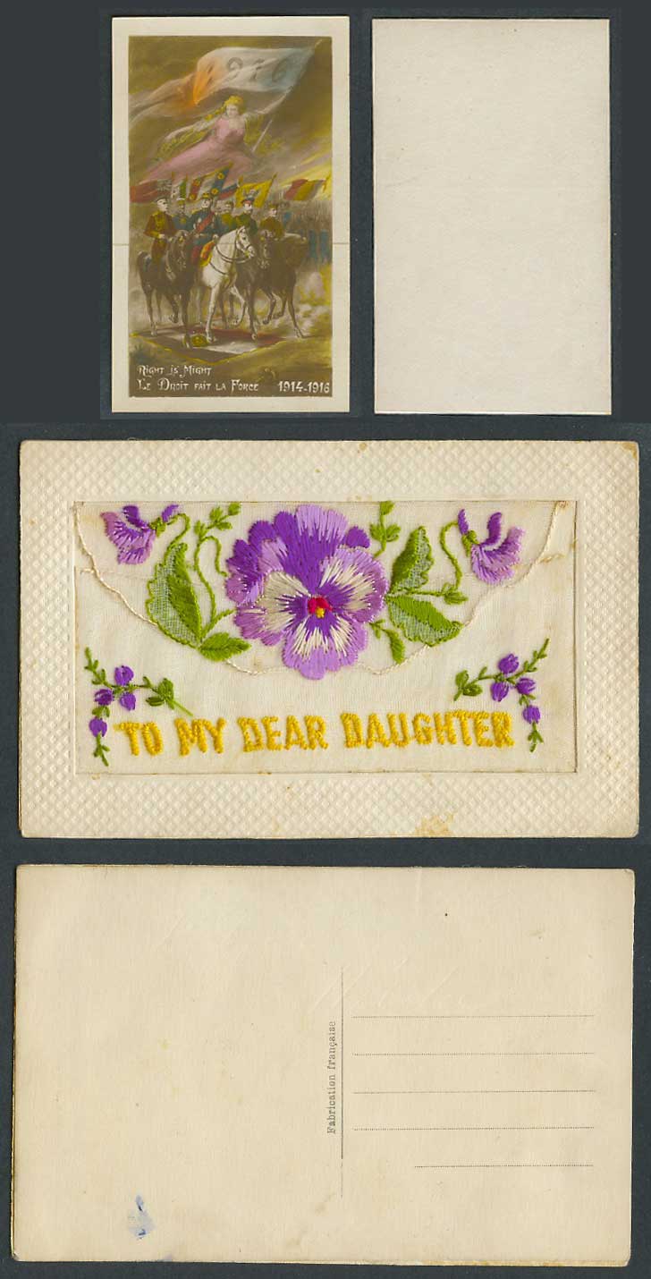 WW1 SILK Embroidered Old Postcard To My Dear Daughter 1916 Soldiers Horses Flags