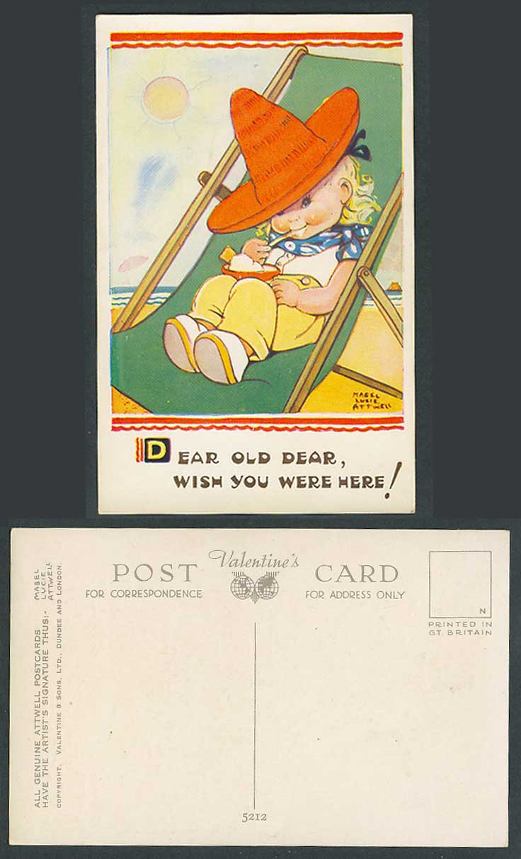 MABEL LUCIE ATTWELL Old Postcard Dear Old Dear Wish You Were Here! Sun, Ice 5212
