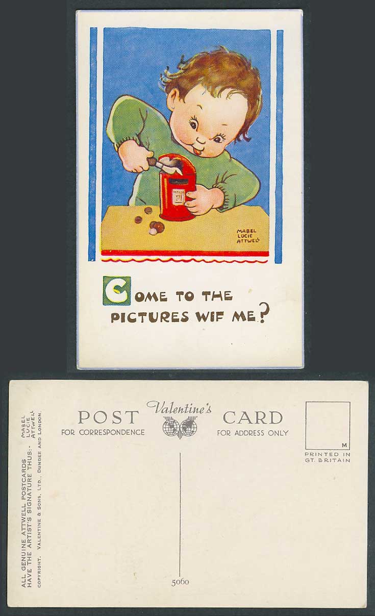 MABEL LUCIE ATTWELL Old Postcard Come to Pictures Wif with Me? Piggy Bank 5060