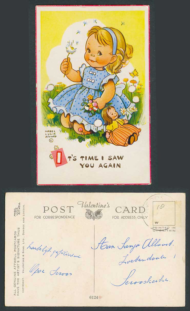 MABEL LUCIE ATTWELL Old Postcard It's Time I Saw You Again Doll & Butterfly 6124