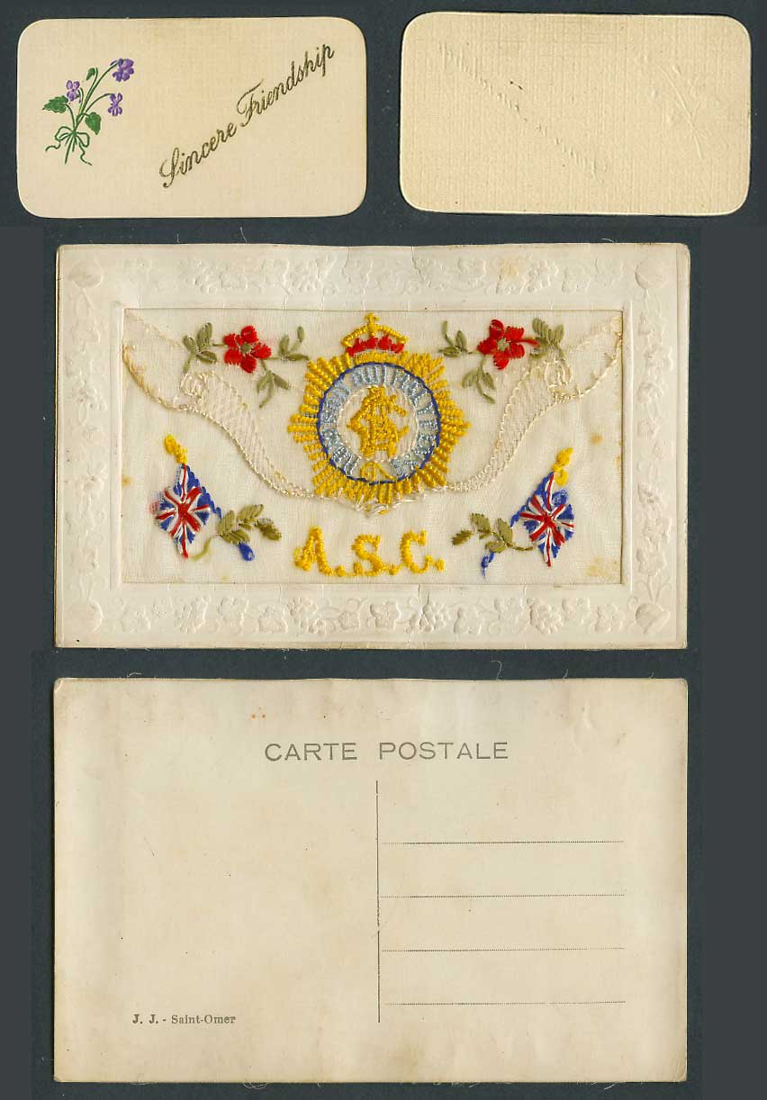 WW1 SILK Embroidered Old Postcard A.S.C. Army Service Corps. Sincere Friendship