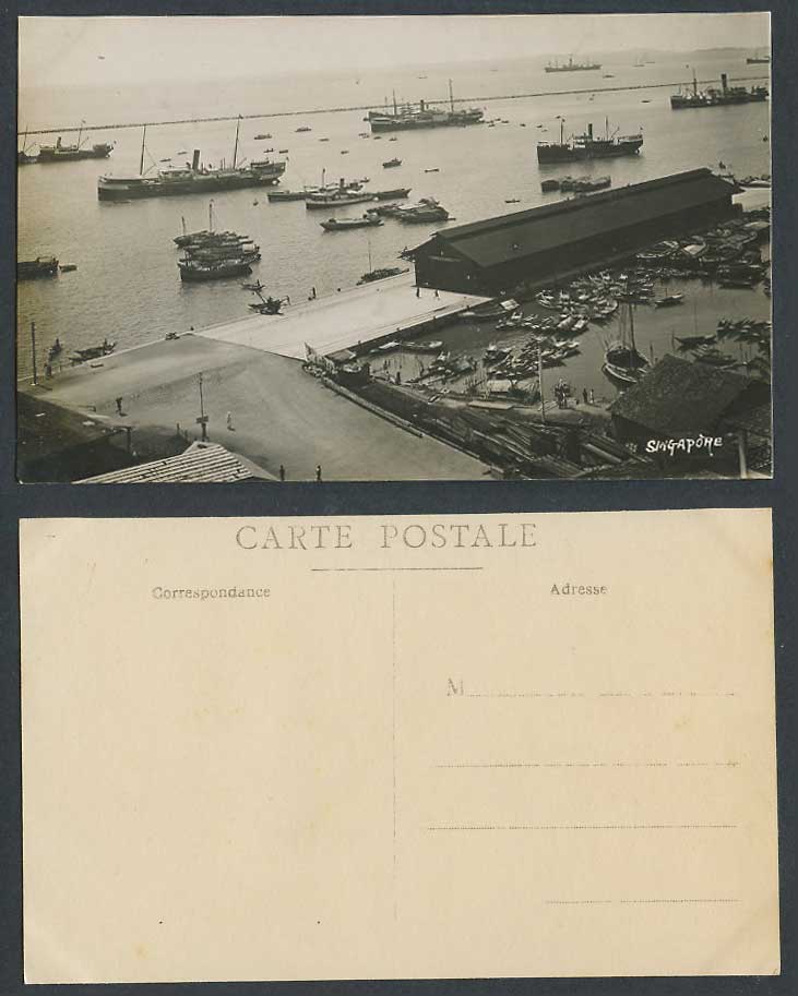 Singapore Old Real Photo Postcard Wharf Pier, Harbour, Steam Ships Boats, Street