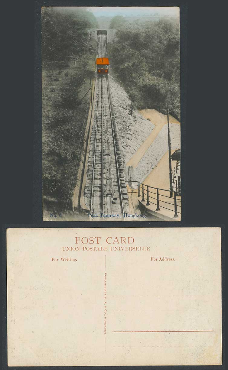 Hong Kong China Old Hand Tinted Postcard Peak Tramway Tram Bridge M.A. & Co. N.6