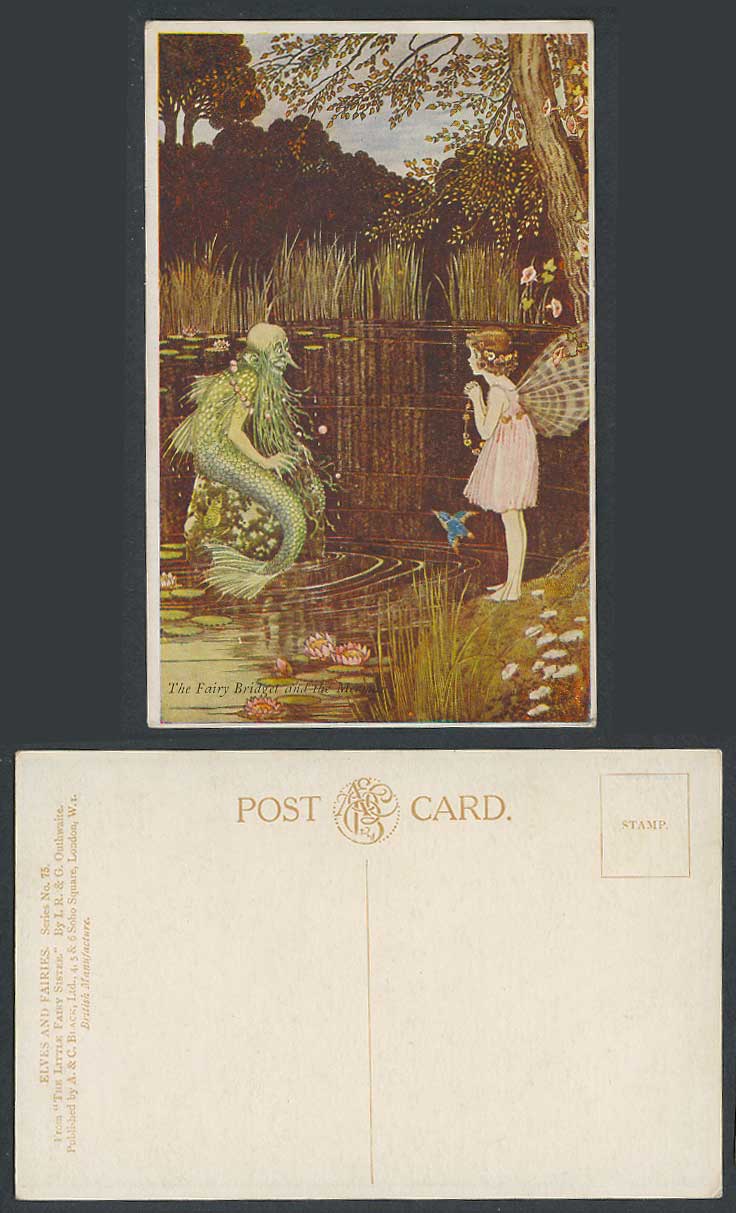 IR&G OUTHWAITE Old Postcard FAIRY BRIDGET MERMAN Little Fairies Sister Blue Bird