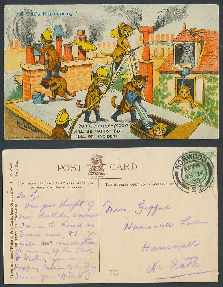 Louis Wain Artist Signed Cats Firefighters, Honeymoon Incident 1907 Old Postcard