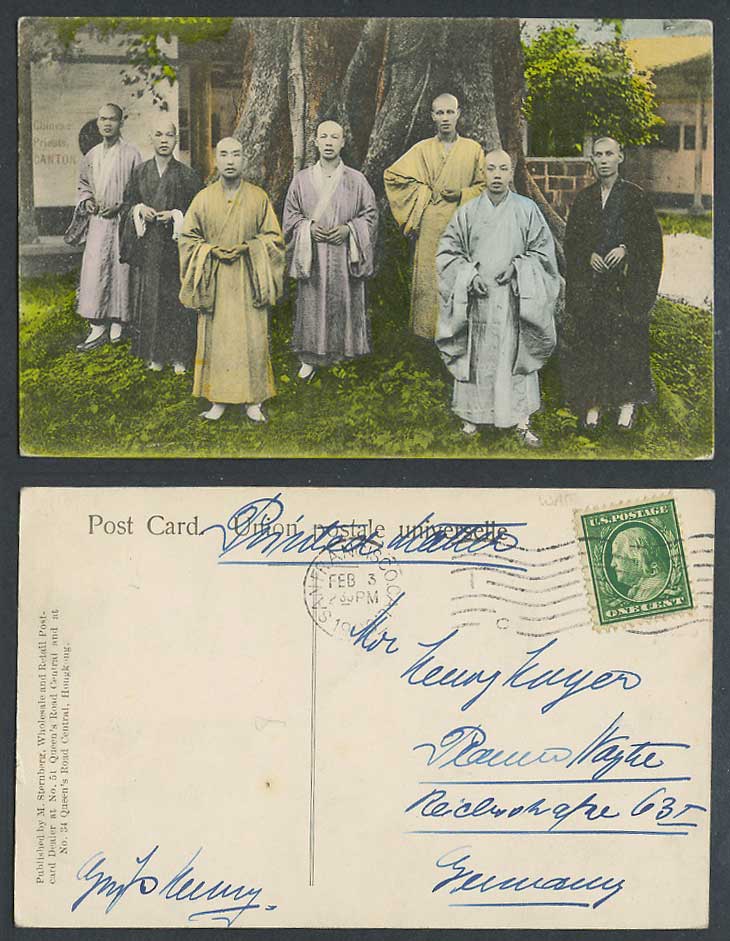 China US 1c 1909 Old Hand Tinted Postcard Canton, Chinese Priests Buddhist Monks