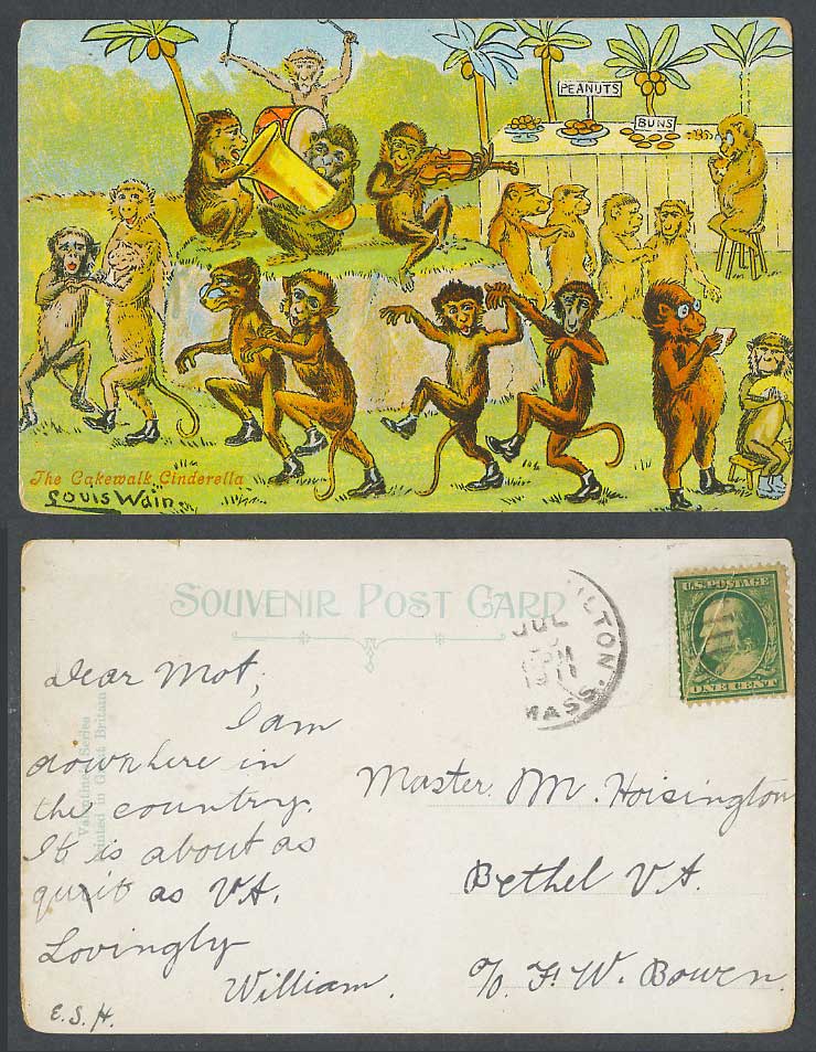 Louis Wain Artist Signed Monkeys The Cakewalk Cinderella Music 1911 Old Postcard