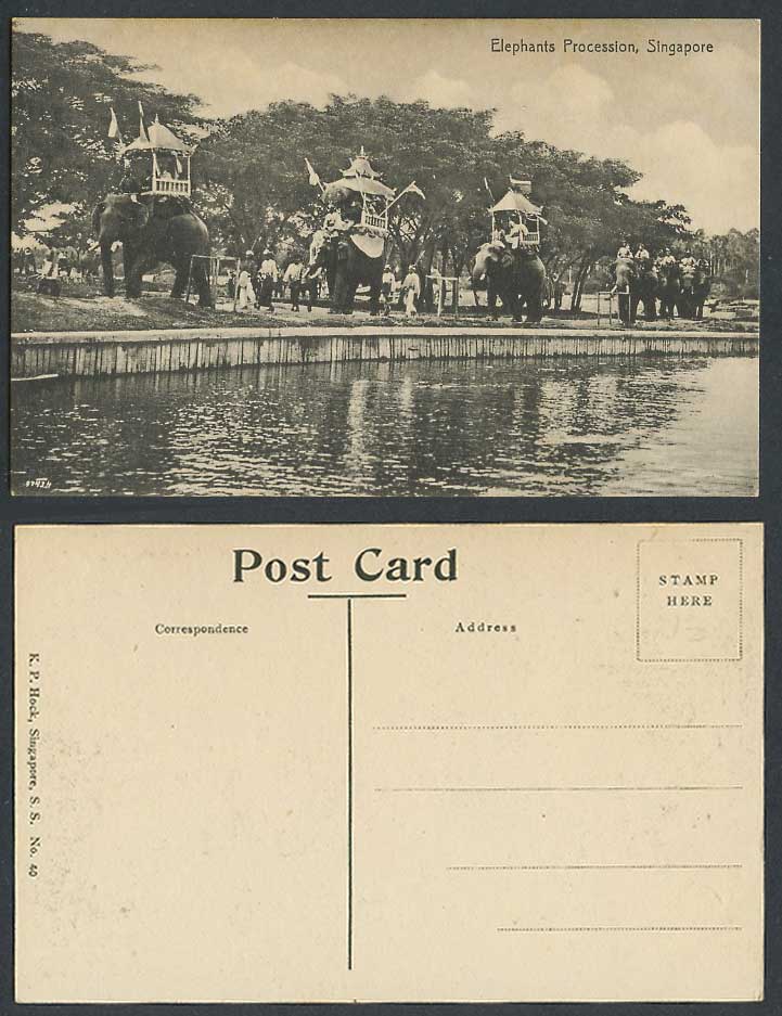 Singapore Old Postcard Sultan Birthday Elephants Procession Elephant K.P.Hock 40