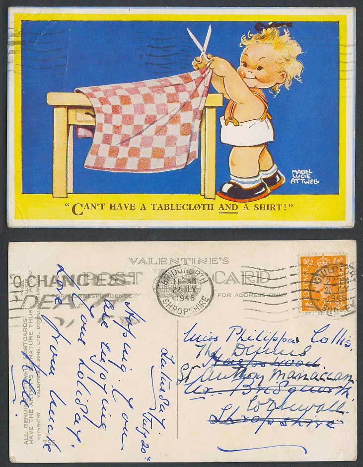 MABEL LUCIE ATTWELL 1946 Old Postcard Can't Have a Tablecloth and a Shirt! 755