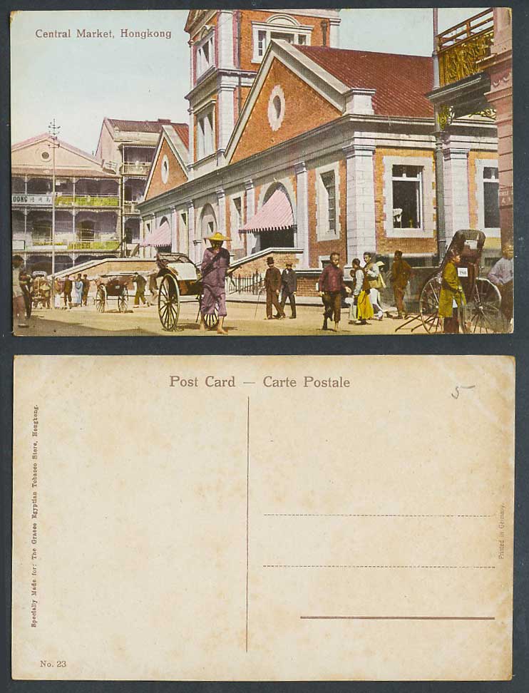 Hong Kong Old Colour Postcard Central Market Street View Rickshaw Chinese Coolie