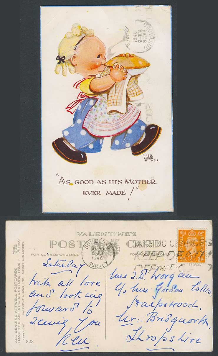 MABEL LUCIE ATTWELL 1946 Old Postcard As good as Mother Ever Made! Girl, Pie 823