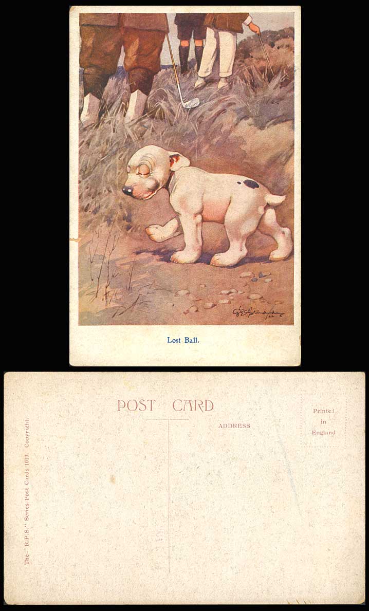 BONZO DOG GE Studdy Old Postcard LOST BALL. Golf Club Golfing Golfers Sport 1013
