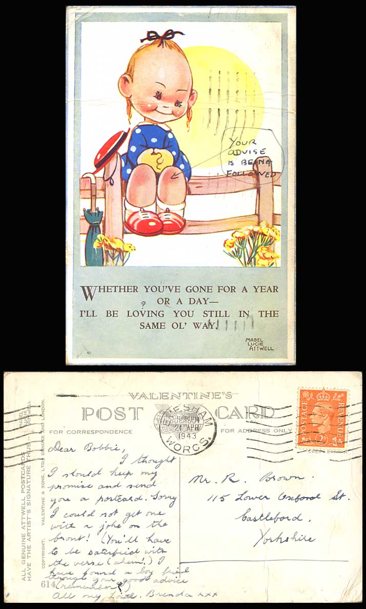 MABEL LUCIE ATTWELL 1943 Old Postcard I'll be loving you still in same O way 614