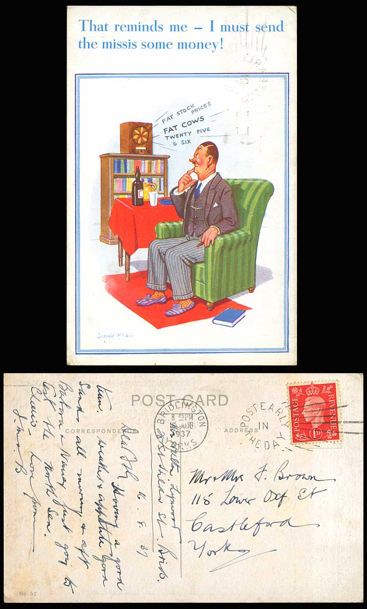 Donald McGill 1937 Old Postcard I must send the missis some money! Fat Stock Cow