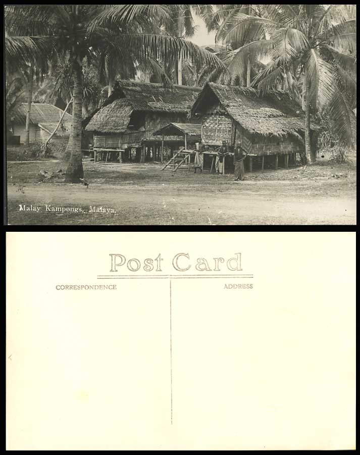 Malaya Old Real Photo Postcard Malay Kampongs N Houses Huts on Stilts Palm Trees