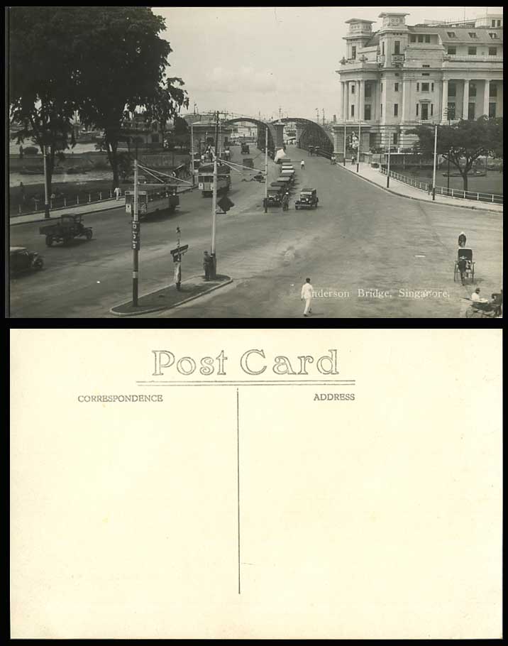Singapore Old Real Photo Postcard Anderson Bridge Street Tram Tramway Motor Cars