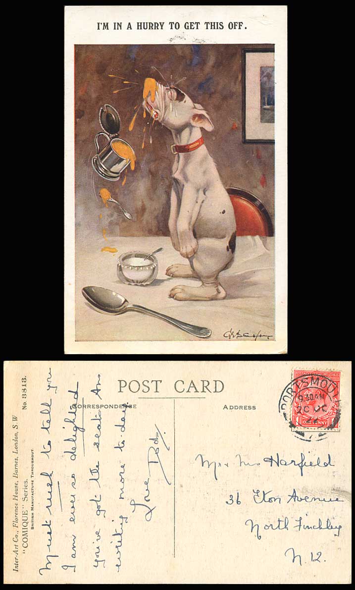 BONZO DOG GE Studdy 1922 Old Postcard I'm in a Hurry to Get This Off. Spoon 3813