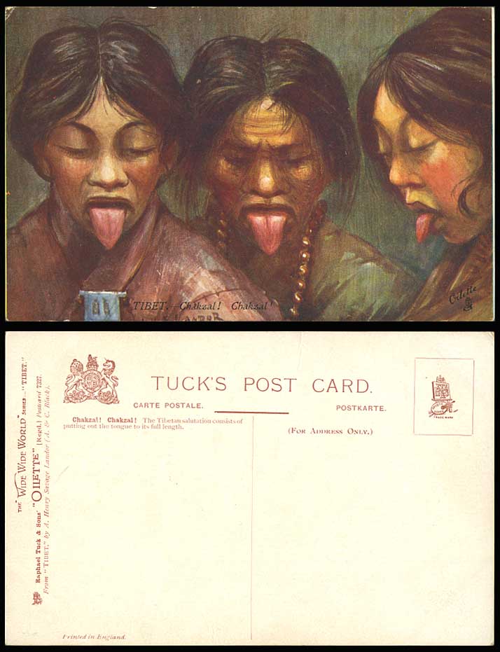 TIBET China Tibetan Salutation, Chakzal, Tongues Out Old Tuck's Oilette Postcard