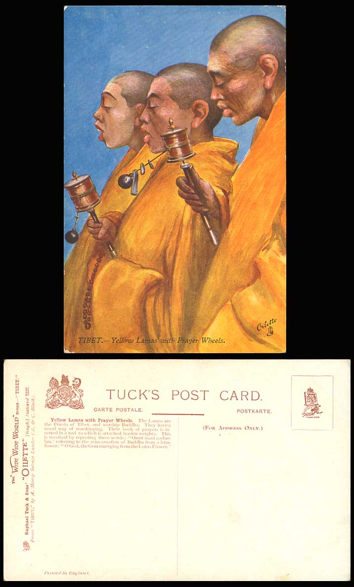 TIBET China Tibetan Yellow Lama Priest Prayer Wheels Old Tuck's Oilette Postcard