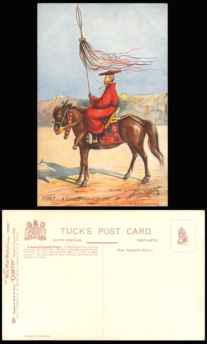 TIBET China Old Tuck's Oilette Postcard Tibetan A Lama Standard Bearer Horse ART