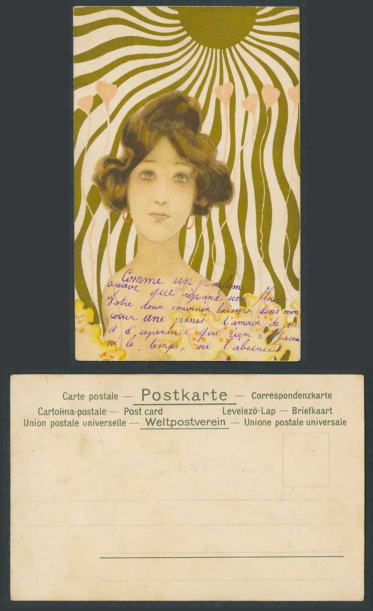 Raphael Kirchner Old UB Postcard Golden Sun Rays, Hearts Glamour Woman Lady Girl