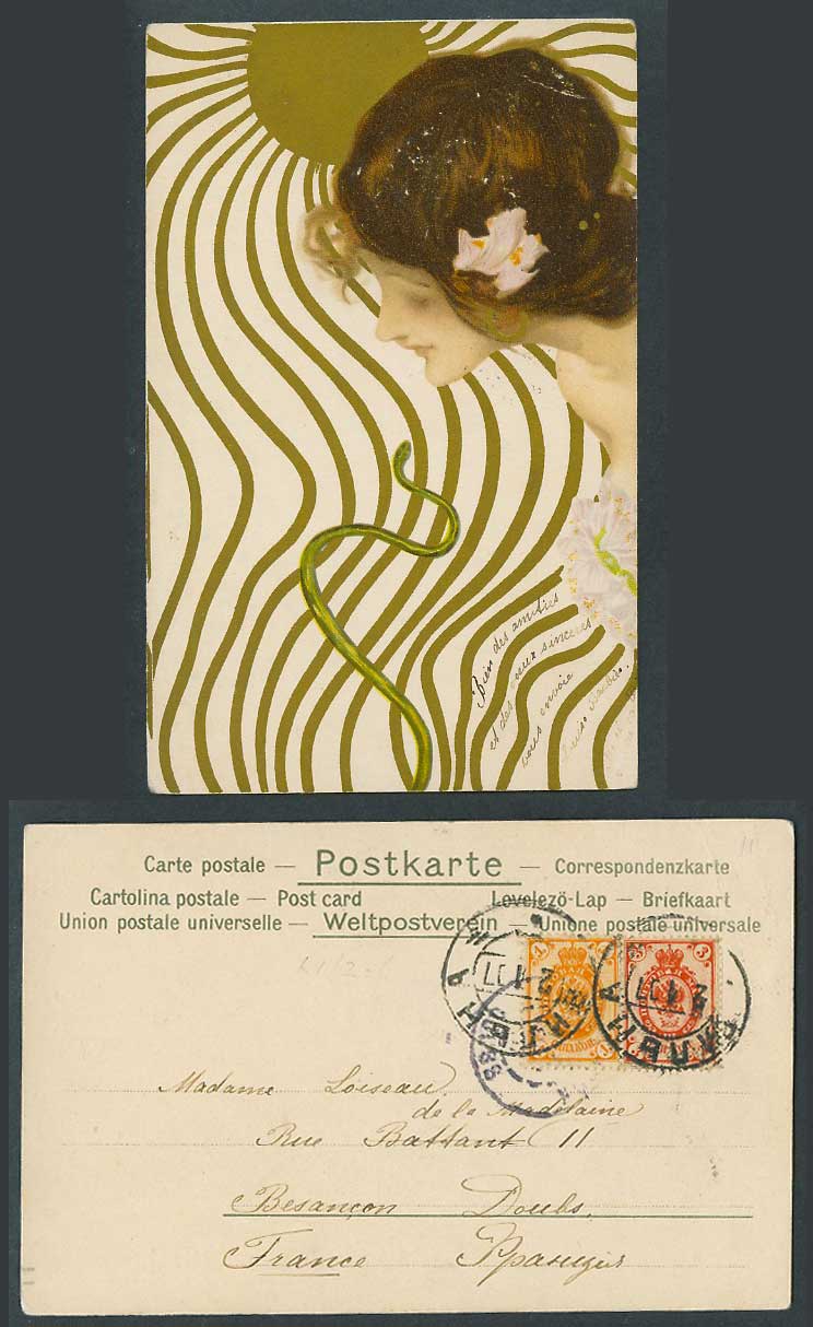 Raphael Kirchner Russian 1k3k 1907 Old Postcard Golden Sun Rays Woman Lady Snake