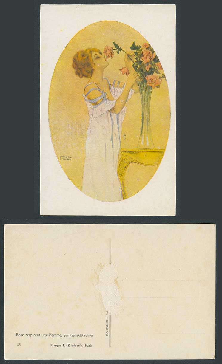 Raphael Kirchner Old Postcard Rose respirant une Femme Glamour Lady Flowers Vase