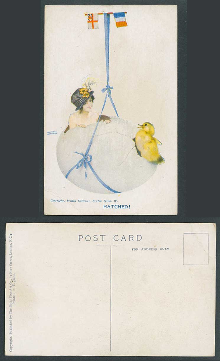 Raphael Kirchner Old Postcard Hatched! Glamour Lady Woman, Egg Flags, Bird Chick