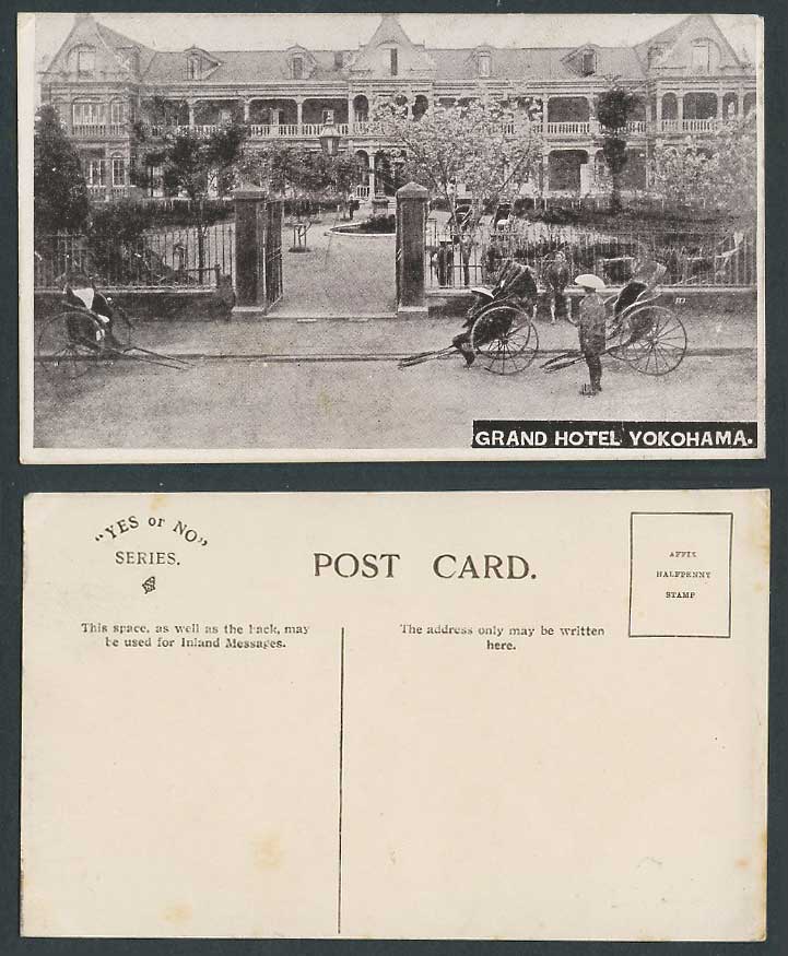 Japan Old Postcard Grand Hotel, Yokohama, Gate, Rickshaw Japanese Native Coolies