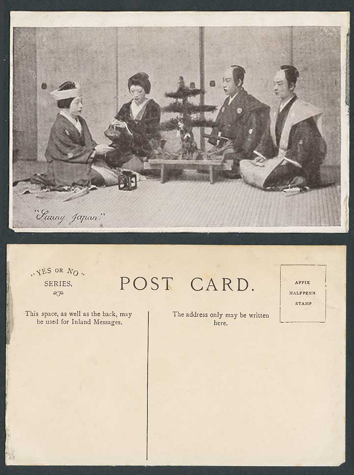 Sunny Japan Old Postcard Samurai, Geisha Woman Pouring Tea Teapot, Bonsai Bonzai