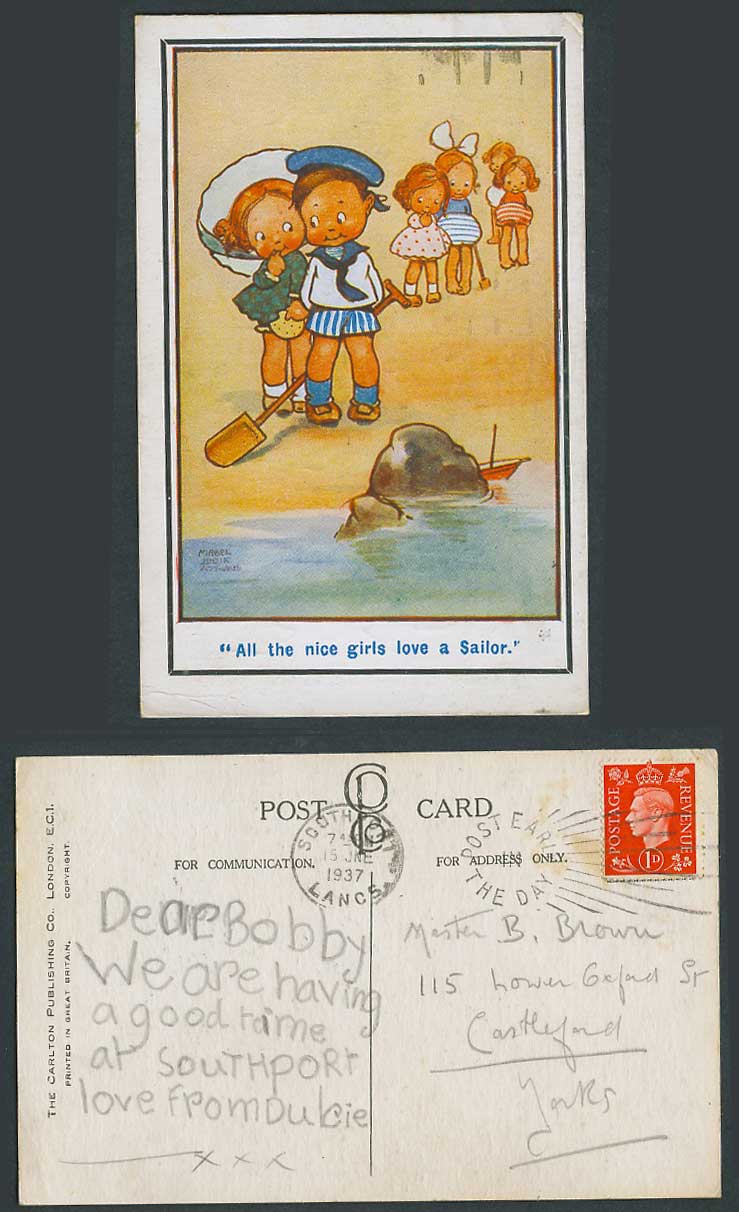 MABEL LUCIE ATTWELL 1937 Old Postcard All Nice Girls Love a Sailor. Beach Shovel