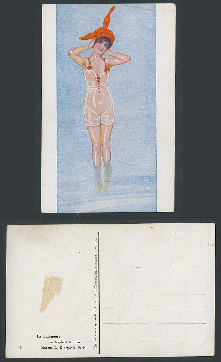 Raphael Kirchner Old Postcard La Baigneuse Bather in Bathing Suits Glamour Woman