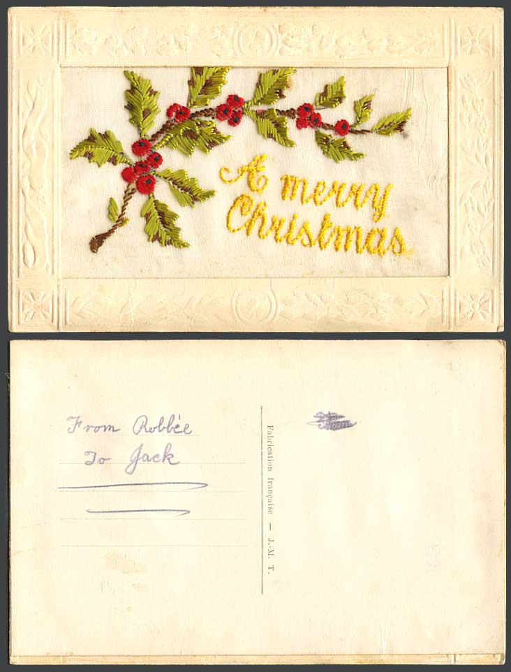 WW1 SILK Embroidered Old Postcard A Merry Christmas, Holly Novelty Greetings JMT