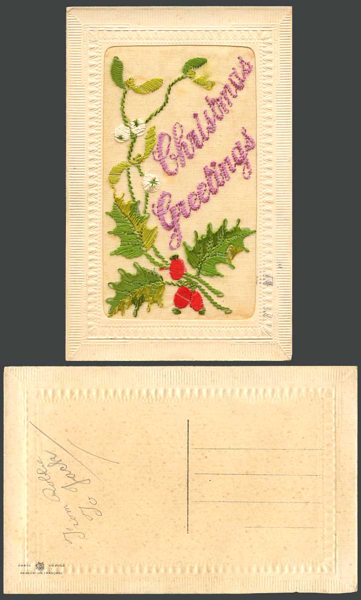 WW1 SILK Embroidered Old Postcard Christmas Greetings, Holly, Mistletoe, Novelty
