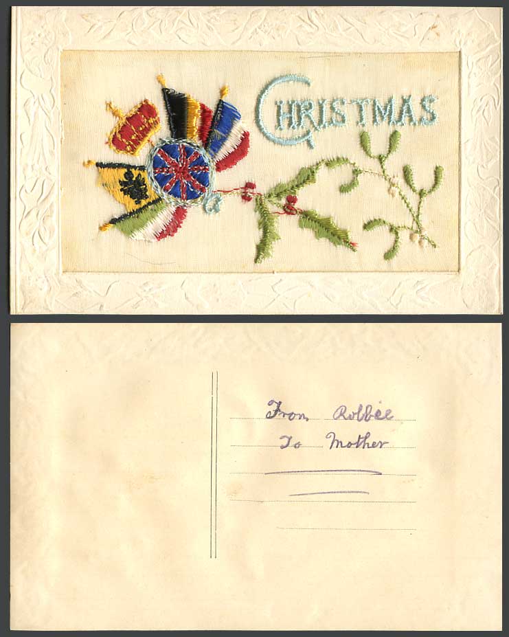 WW1 SILK Embroidered Old Postcard Christmas Holly Mistletoe Flags Greetings Xmas