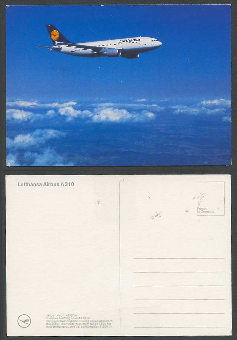 Lufthansa Airbus A310 Airplane Aircraft Postcard Length 46,67m, Wing Span 43,90m