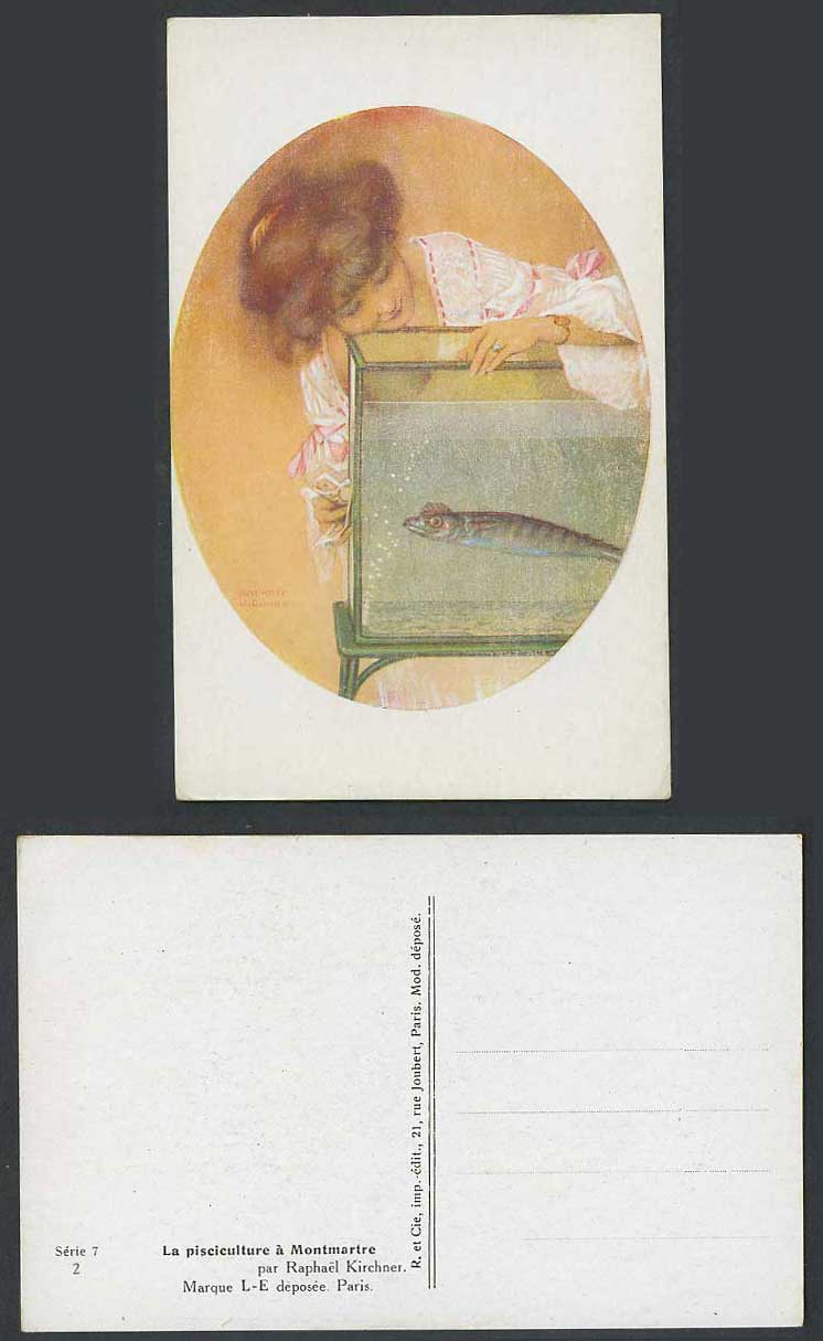 Raphael Kirchner Old Postcard La pisciculture a Montmartre Fish Tank Glamor Lady