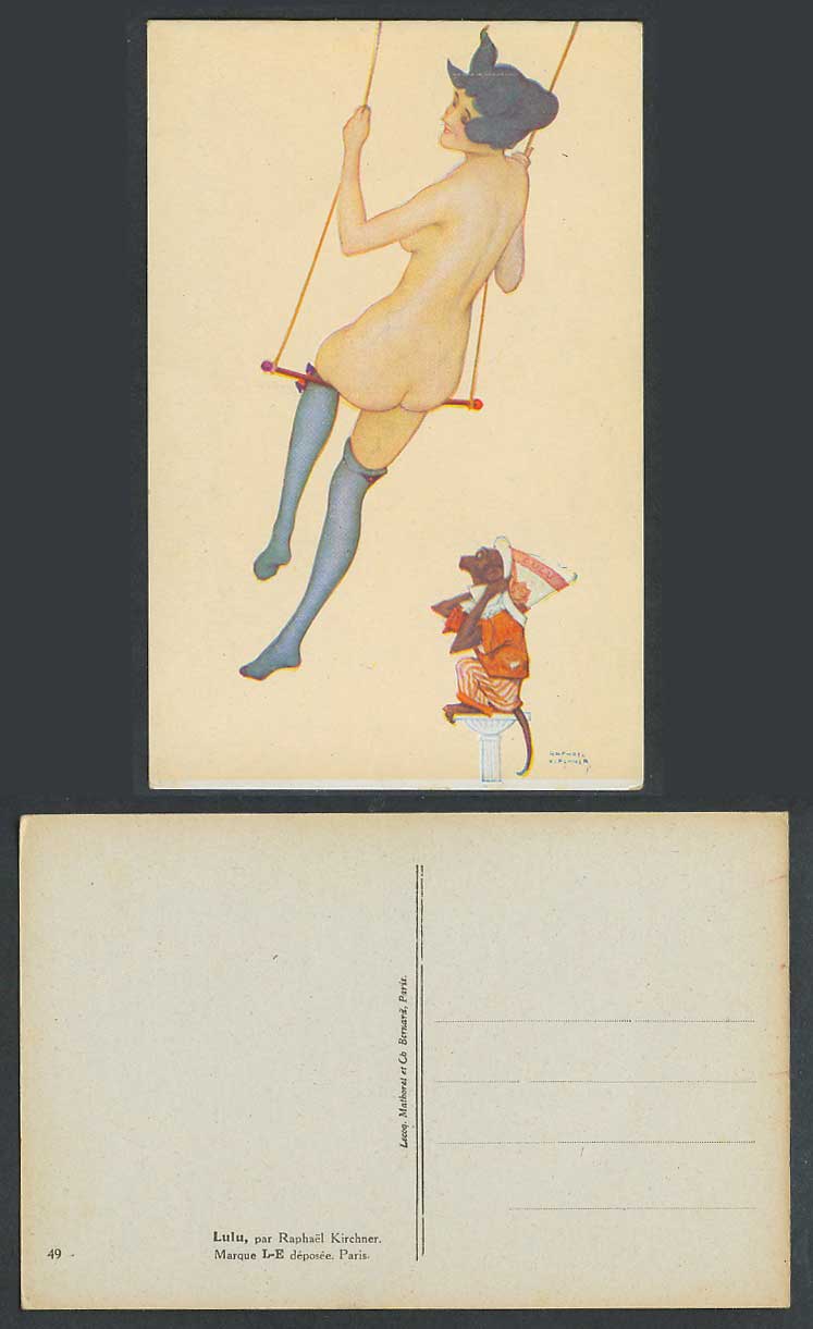Raphael Kirchner Old Postcard Dressed Monkey, Lulu Glamour Lady Woman on a Swing
