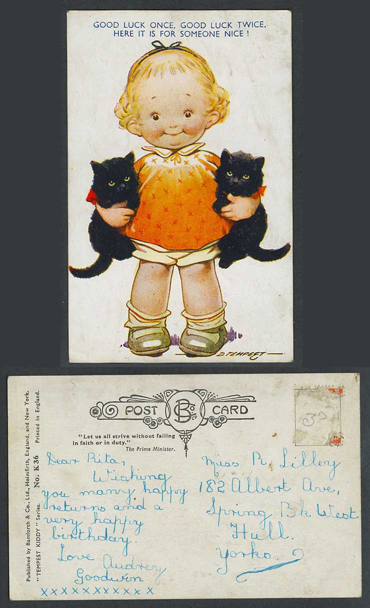 D. Tempest Old Postcard Black Cats Kittens Good Luck Once Twice For Someone Nice