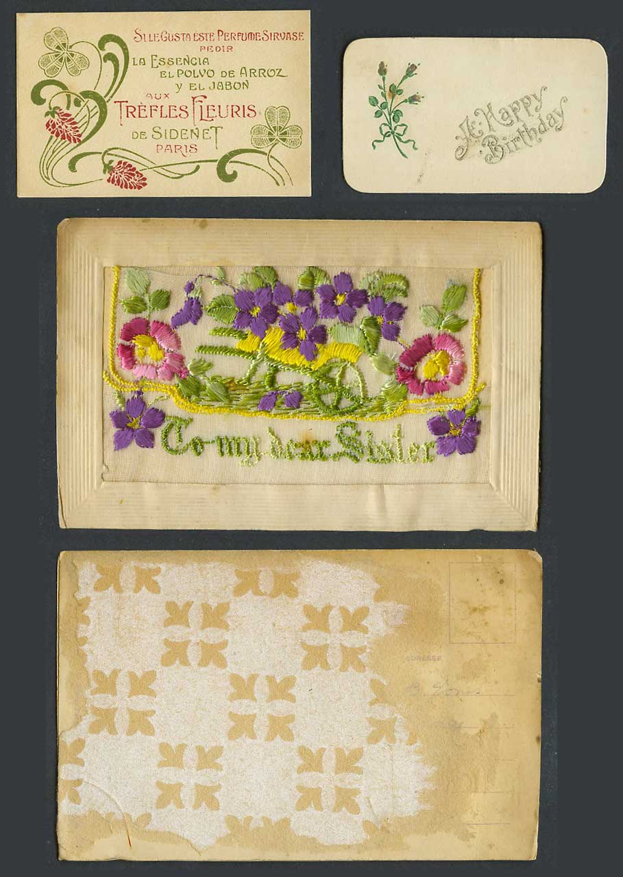 WW1 SILK Embroidered Old Postcard To My Dear Sister, Flowers, 2 cards in Wallet