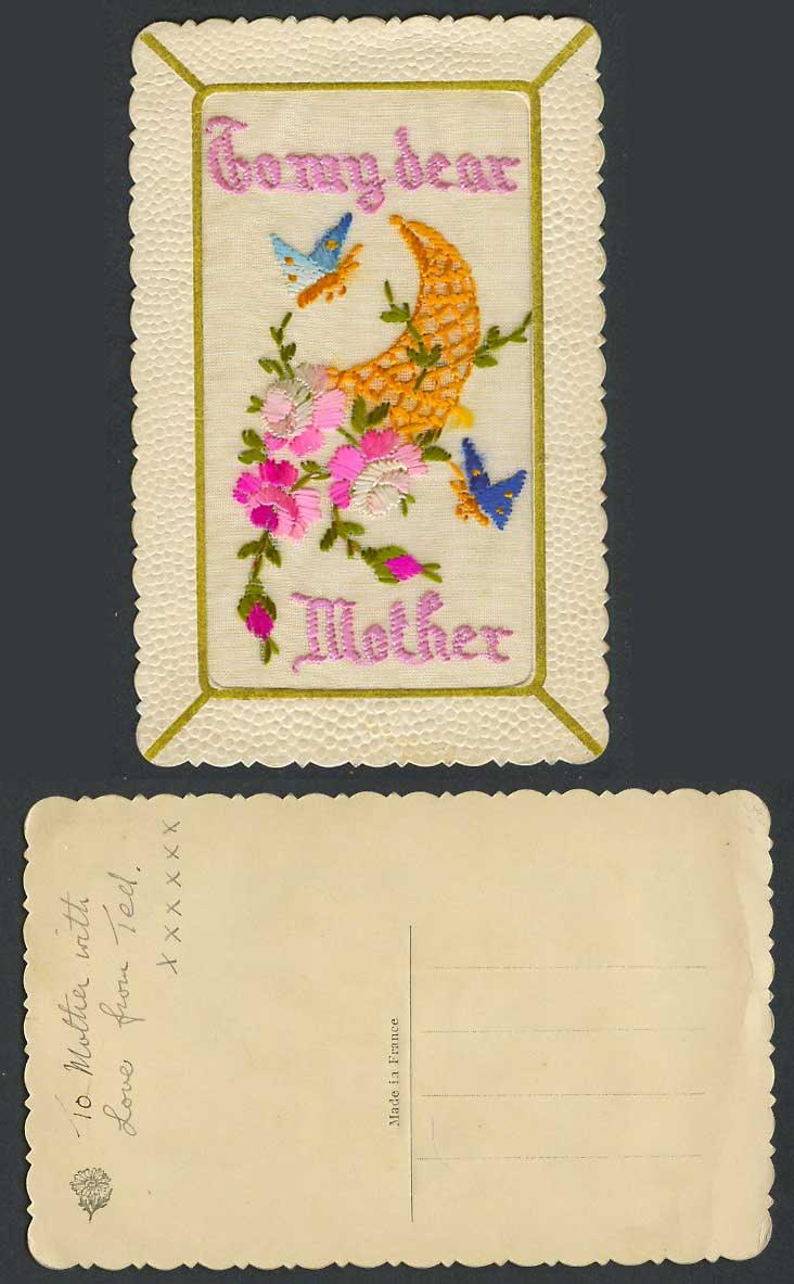 WW1 SILK Embroidered Old Postcard To My Dear Mother Butterfly Butterflies Flower